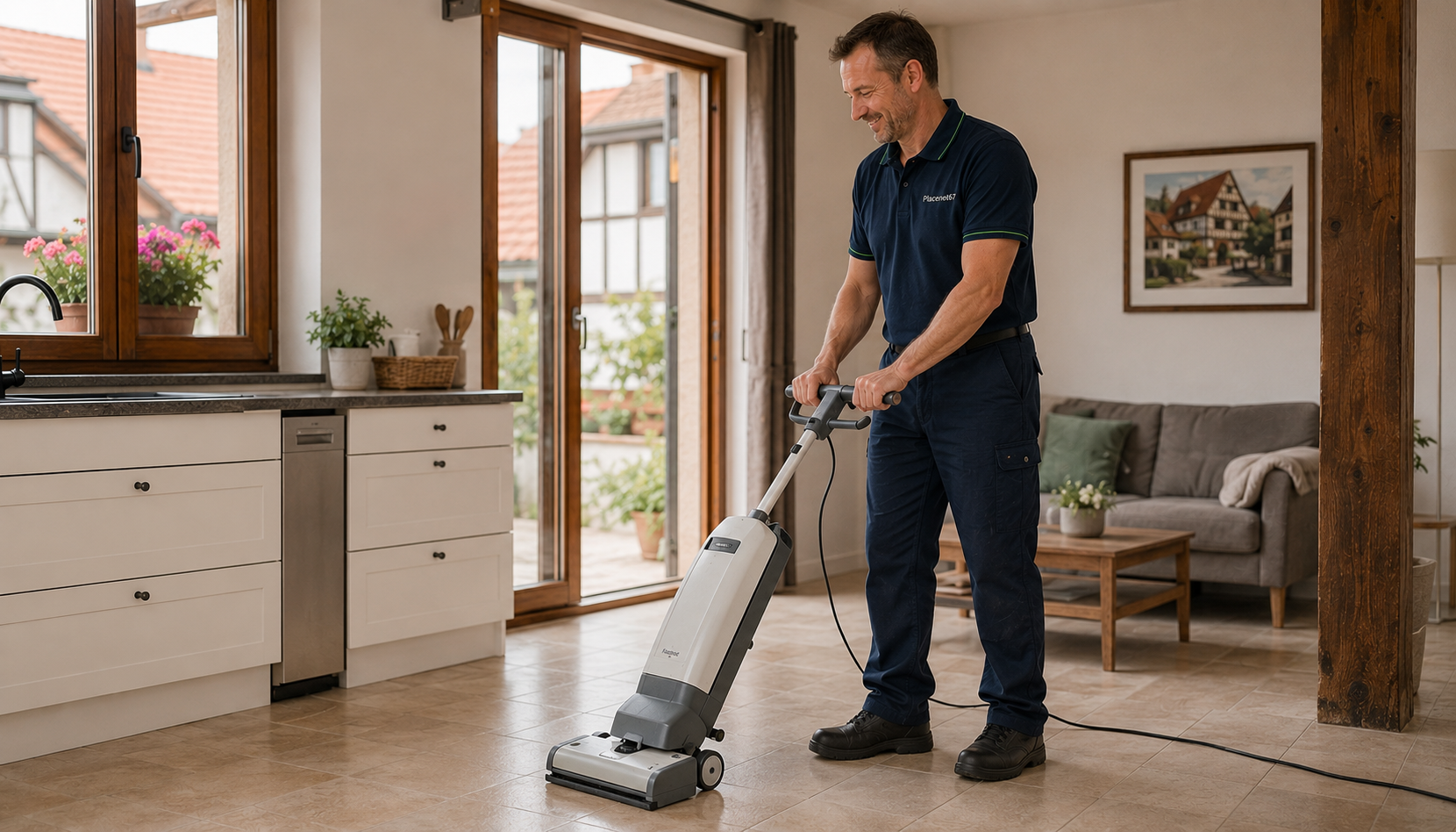 Ménage professionnel d'un gîte avec une autolaveuse compacte Nilfisk SC100 E